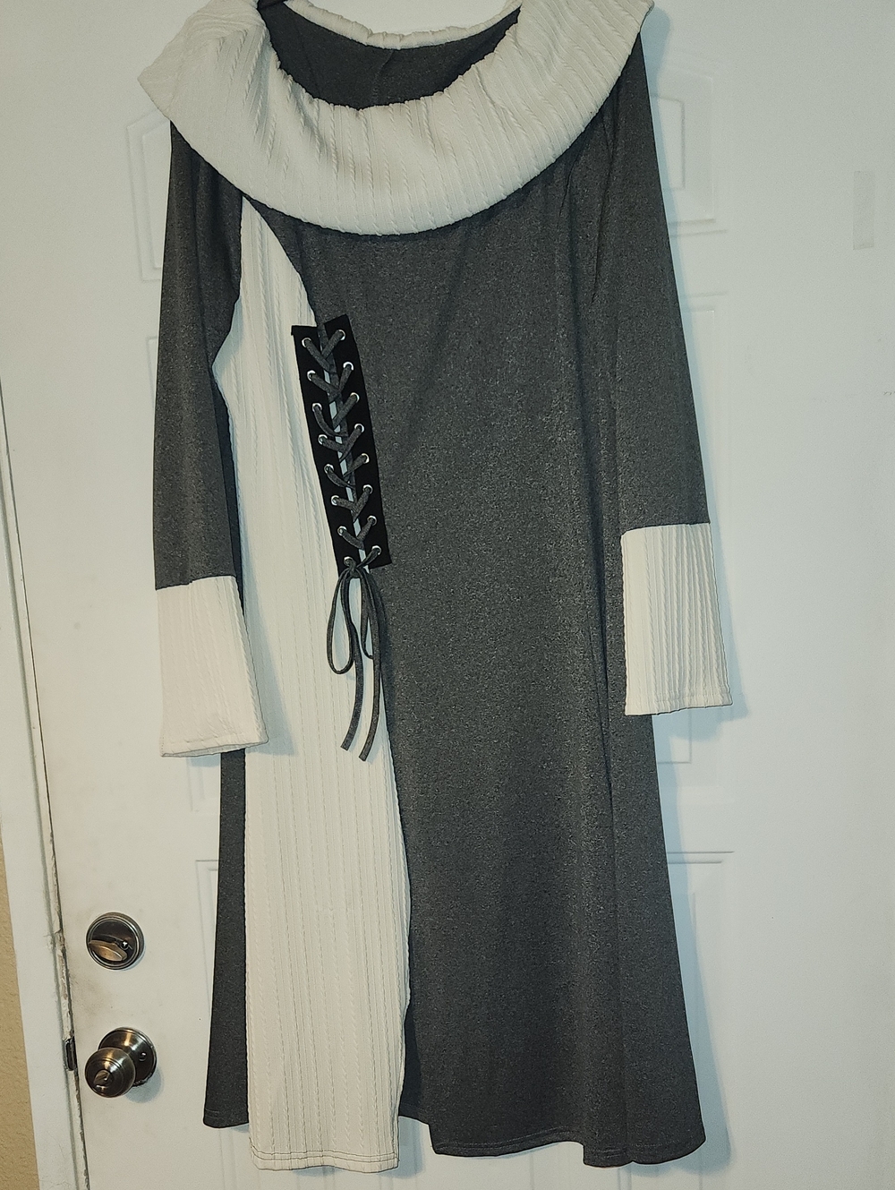 Two-Tone Gray and Cream Knit Dress with Lace-Up Detail